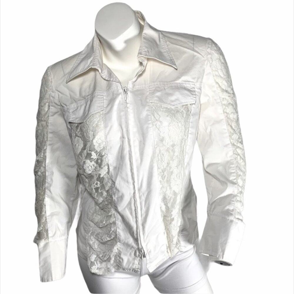 Tribal White Lace-Panel Zip Front Jacket